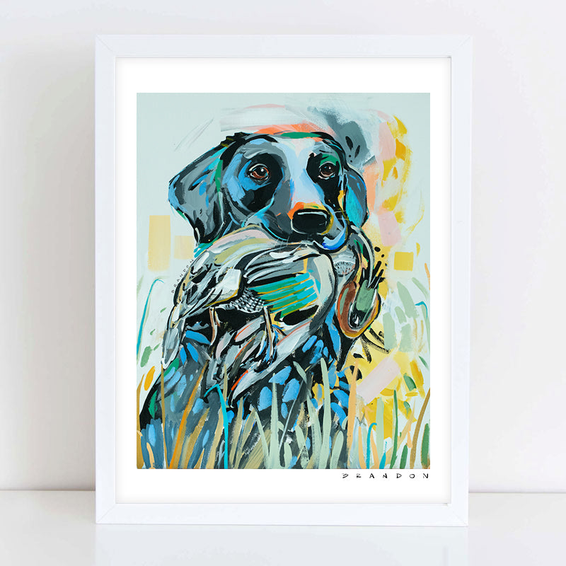 Black Lab with Green-Winged Teal | Archival-Grade Art Print by Brandon Thomas