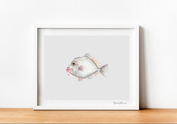 Lookdown Dory Fish Coastal Beach House Decor Painting Print (Fog Grey)