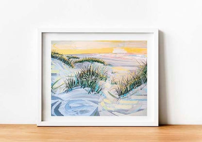 Grassy Dunes at Sunset Coastal Beach Painting Print
