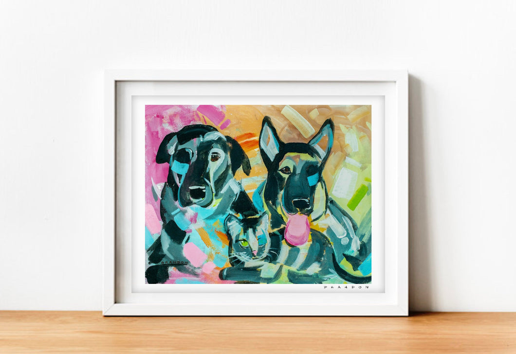 German Shepherd Black Lab and Cat Family Painting Print